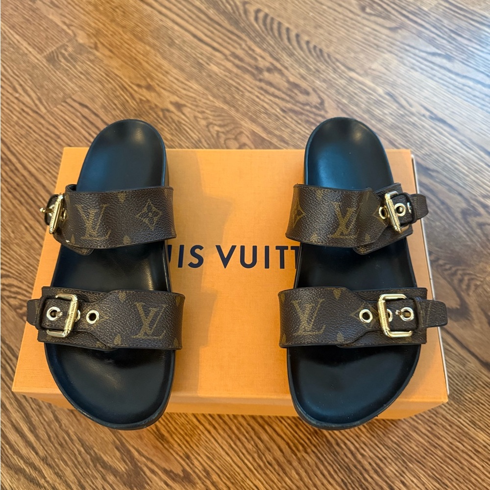Louis Vuitton Monogram Double Buckle Slides - Brown & Black